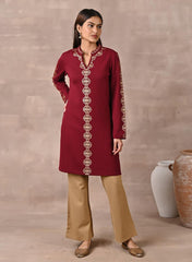 Maroon Solid Woolen Kurti With Foil Print
