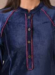 Navy Blue Princess Cut Solid Kurta With Gathered Sleeves