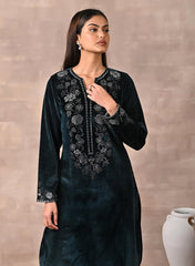 Green Velvet Kurta With Fine Mirror Beads Work