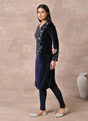 Navy Blue Velvet Kurta With Fine Mirror Beads Work