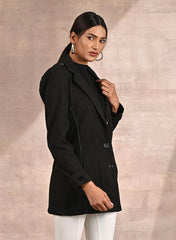 Grey Brushed Wool Long Sleeve Coat With Leather Piping