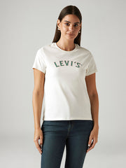 Levis women's white crew neck T-shirt with brand logo, front view, casual Western style top for women.