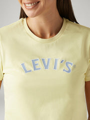 Yellow Levi's women's crew neck T-shirt with brand logo, casual short-sleeve top, shown close-up detail.