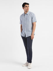 Men'S Geometric Print Spread Collar Linen Shirt Blue