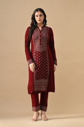 Winter Maroon Self Design Woven Kurta Set