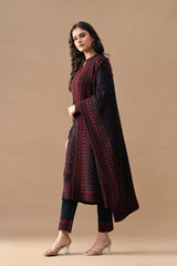 Winter Navy Blue Printed Woven Kurta Set