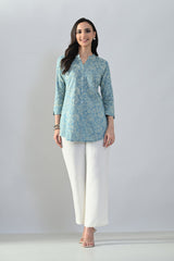 Green Sabhyata ladies western kurti, part of a 3-piece set, with intricate design and comfortable fabric, styled for modern women.