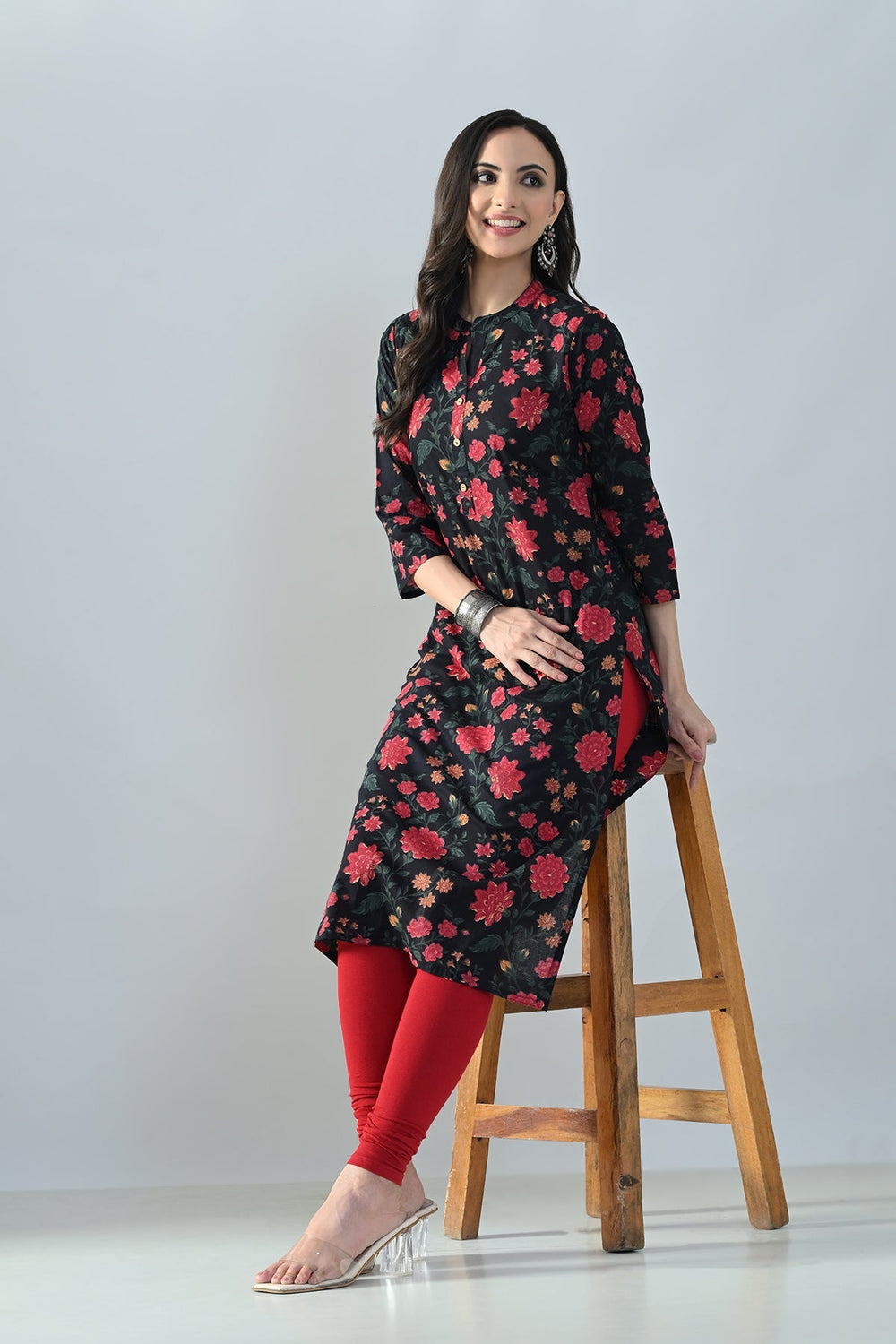 Black Sabhyata ladies western kurti featuring a stylish design, part of a 3-piece set, displayed on a mannequin.