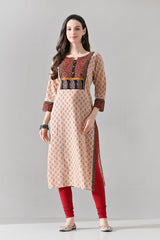Beige Printed Straight Kurta