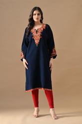 Winter Blue Embroideredred Ethnic Motifs Woven Phiran