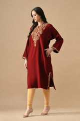 Winter Maroon Embroideredred Ethnic Motifs Woven Phiran