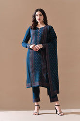 Winter Peacock Blue Printed Ethnic Motifs Woven Kurta Set