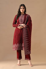 Winter Maroon Printed Ethnic Motifs Woven Kurta Set