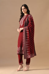 Winter Maroon Printed Ethnic Motifs Woven Kurta Set