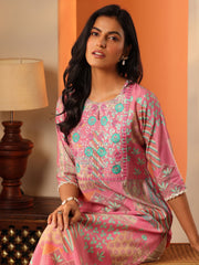 Pink Printed Silk Blend Straight Kurta