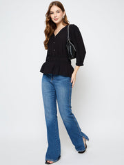 Madame Solid Rayon Blend Black Peplum Top
