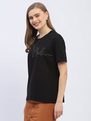 Madame Embellished Typography Black Regular T-Shirt