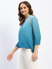 Madame Mandarin Neck Ombre Teal Drape Top