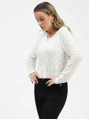 Madame Textured Round Neck Zip Up Off White Knit Top