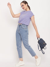 Madame Solid Violet Typography Cuffed Half Sleeves Elasticated Waist Top