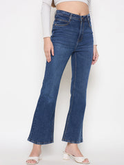 Madame Stone Wash Dark Blue Whiskered Flared Denim Jeans