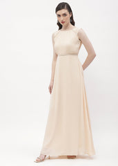 Madame Embellished Beige Crew Neck Maxi Dress