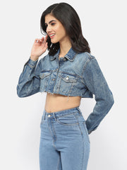 Madame Distressed Hem Blue Crop Denim Jacket