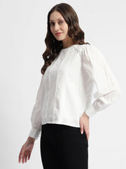 Madame Schiffli Adorned Puff Sleeve White Top