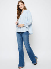 Powder blue Madame Ladies Western top, short-sleeve, fitted style with Western-inspired design, displayed on a hanger.