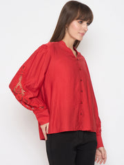Madame Nylon Buttoned And Patched Red Top