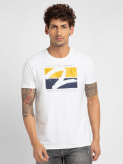 Men White Cotton Slim Fit Printed Round Neck T-Shirt