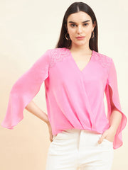 Gipsy Women Solid Lace Satin Bubblegum Pink Top