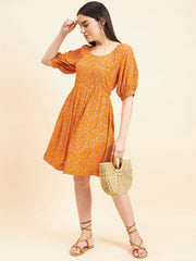 Gipsy Women Printed Printed Midi Rayon Orange Dress