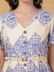 Gipsy Cobalt Blue Printed Rayon Dress With Belt