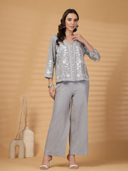 Gipsy Ice Blue Embroidered Cotton Top With Pants