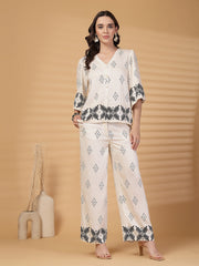 Gipsy White Printed Rayon Top With Pants