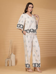 Gipsy White Printed Rayon Top With Pants