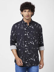 Men Black Viscose Regular Slim Fit Full Sleeve Causal Printed Shirt