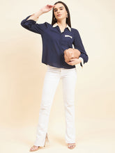 Gipsy Women Solid Contrat Fabric Georgette Navy Blue Tunic