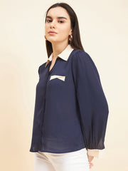 Gipsy Women Solid Contrat Fabric Georgette Navy Blue Tunic