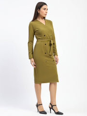 Madame Belted Buttoned Green Dress