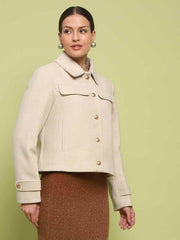 Madame Button Down Collared Off White Short Coat