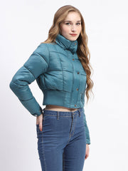 Madame Cropped Aqua Quilted Puffer High Neck Jacket