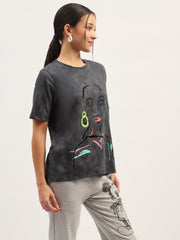 Madame Printed Charcoal Cotton T-Shirt