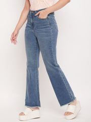 Madame Light Blue Fade Raw Hem Flared Jeans