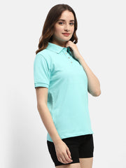 Madame Solid Aqua Blue Polo Neck T-Shirt