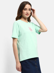 Madame Embroidered Mint Green Regular T-Shirt