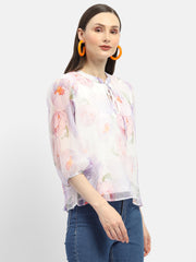 Madame Tie-Up Neck Off-White Floral Top