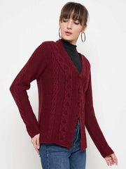 Madame Maroon Cable Knit Acrylic Cardigan