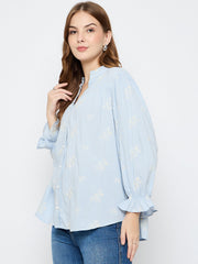Powder blue Madame Ladies Western top with long sleeves and button front, casual style for western-inspired fashion.